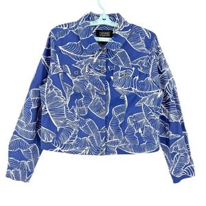 Dennis By Dennis Basso Women's Linen Blend White Leaf Blue Jacket Size 16 NWOT